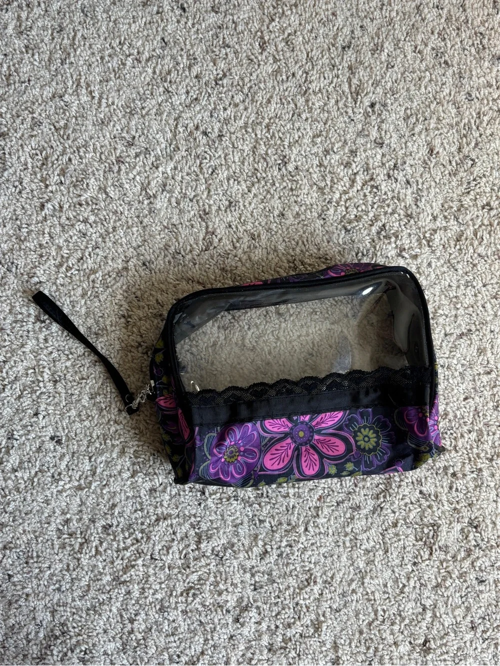 Clear Floral Cosmetic Pouch - Black with Pink & Purple Flowers